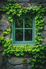 A window with vibrant green vines growing around it, contrasting against a weathered, grey stone wall. 
