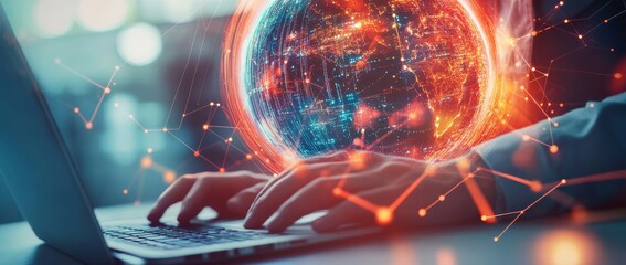 Obraz premium Modern technology, internet network connection, futuristic innovation. A man uses a laptop and mobile phone with an internet network connection