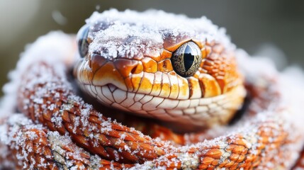 Fototapeta premium A vibrant orange snake covered in snow coiled up in a natural setting during winter, showcasing its intricate scales and glistening frost. Symbol of 2025 year.