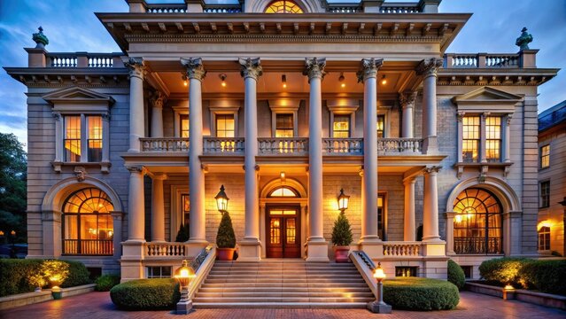 Historic hospitality headquarters building exterior with grand entrance, columns, and intricate architecture at dusk, warmly lit with a sense of luxury and sophistication.