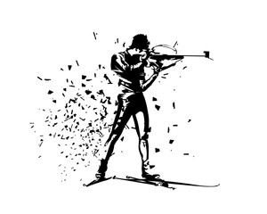 Biathlon standing shooting position, isolated vector silhouette. Biathlon racer logo © michalsanca