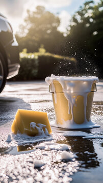 White foam washing yellow plastin plain bucket sponge soapy water outdoor car wash service wet pavement driveway home cleaning copy space sunlight shine nobody empty banner ad shop Fathers Day