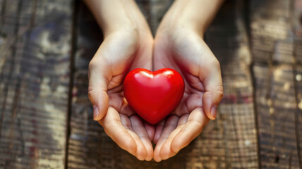 A person is holding a red heart in their hands. The heart is placed between their fingers, and the person's hands are open and welcoming. Concept of love, warmth, and care