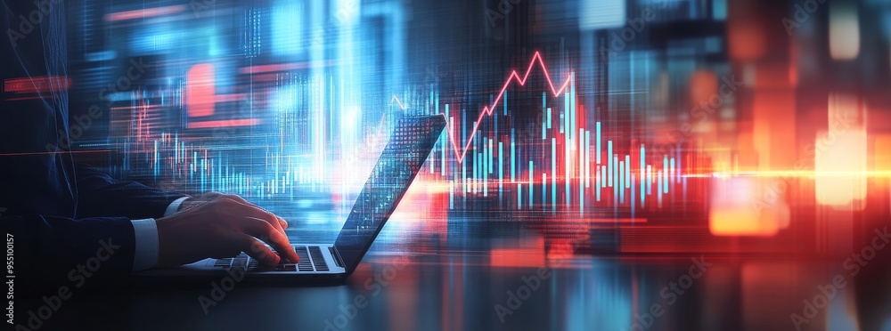 Sticker Analyzing finance and economic growth graph charts and financial reports on laptop computer. Business and technology concept.