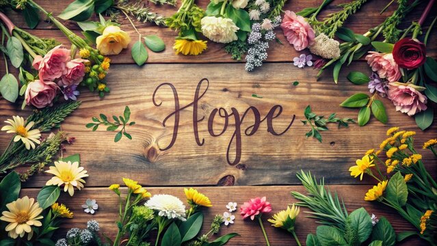 Inspirational handwritten phrase on a rustic wooden background, surrounded by vintage flowers and greenery, conveying a sense of hope and positivity.