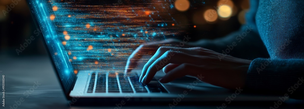 Poster in the background, a man is using a computer with a global network connection, link and exchangeing 