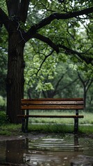 Solitary Park Bench Under Rainy Tree Canopy with Puddle Reflections  Evoking a Pensive  Contemplative Mood