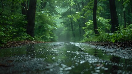 Obraz premium Peaceful Forest Path During Rain Shower With Glistening Greenery