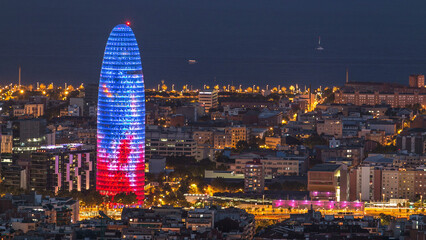 View of Barcelona timelapse, the Mediterranean sea, The tower Agbar from Bunkers Carmel. Catalonia,...