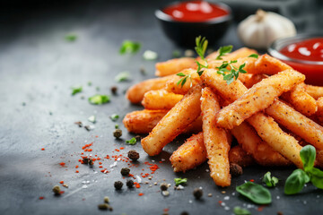 The fish and chips is depicted with a crunchy exterior, served with a pile of perfectly fried chips and a side of mushy peas.