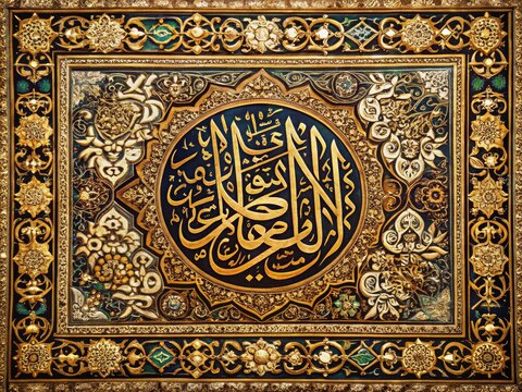 Intricately decorated Arabic calligraphy of Quranic verse on ornate tapestry, golden accents shining against a soft, muted background, conveying spirituality and Islamic faith.