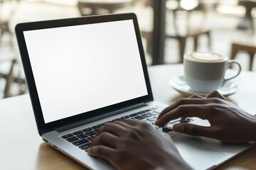 Fototapeta premium Mockup image of businessman using laptop computer, typing on blank white screen at coffee cup, overheard view.