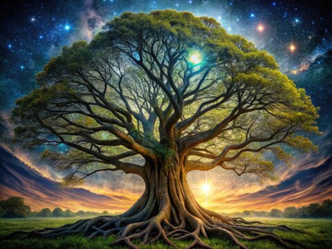 Intricate, Towering Tree With Spiraling Branches And Roots, Representing The Interconnectedness Of The Cosmos In Norse Mythology.