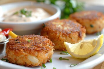 A serving of spicy crab cakes, golden brown and crispy, served with a zesty remoulade sauce and a lemon wedge