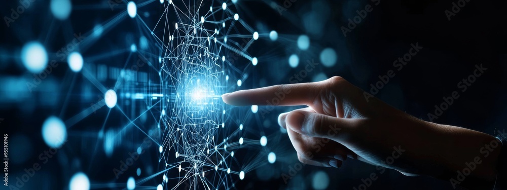 Poster digital software development, future tech background, iot concept, man using a tablet and laptop con