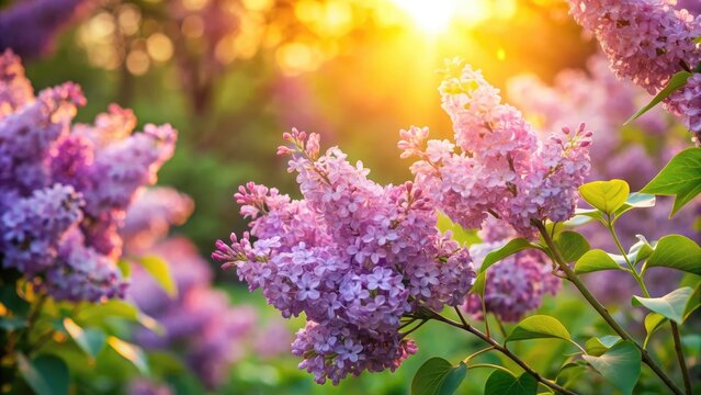 Luminous lavender lilacs sway gently in the lazy light of a late afternoon, their delicate petals and lush green leaves filling the serene landscape.