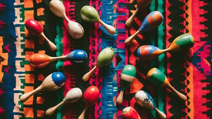 Fototapeta premium Colorful Maracas on a Vibrant Mexican Blanket