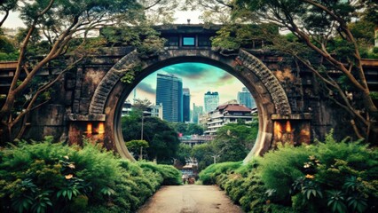 Stone archway framing a city view through a circular opening