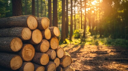 Stack of wooden logs neatly piled in a forest clearing, with sunlight filtering through the trees