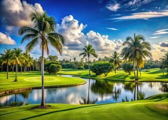 Fototapeta premium Luxurious resort-style golf course with manicured greens, palm trees, and a serene blue sky, epitomizing tranquility and exclusivity in a tropical Miami suburb setting.