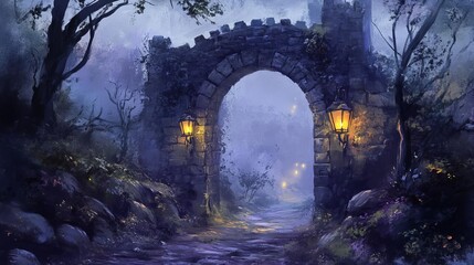 Obraz premium Gothic archway, flickering lanterns, winding path, Watercolor style