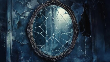 Gothic mirror, cracked glass, dark reflection, Watercolor style
