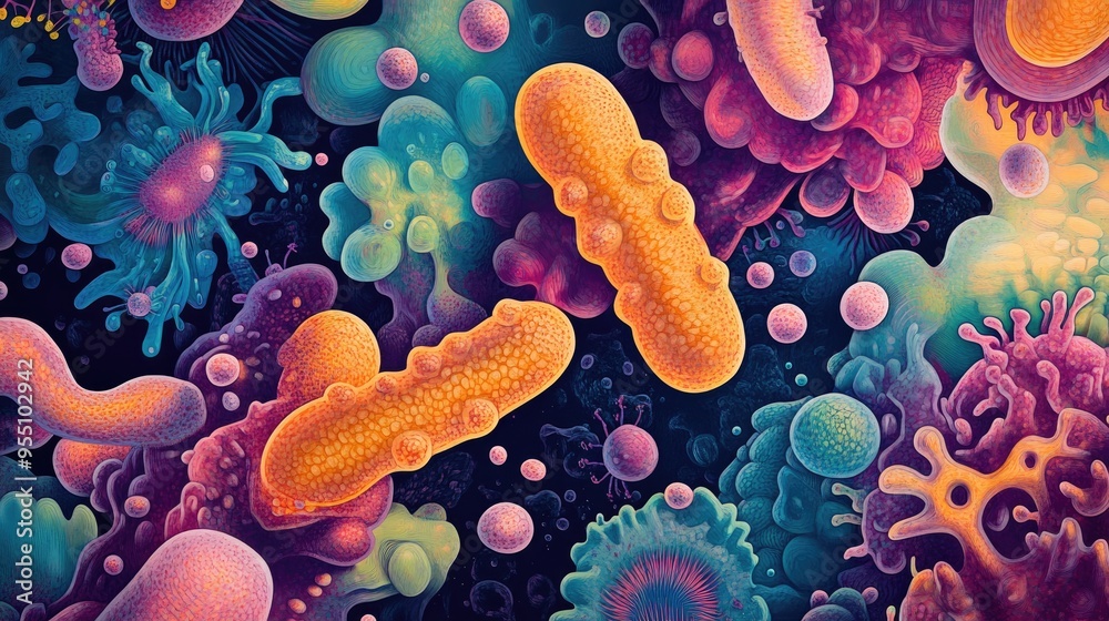 Poster microscopic view of colorful bacteria floating through a body