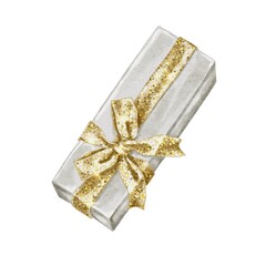 White gift box with sparkling gold bow watercolor illustration 