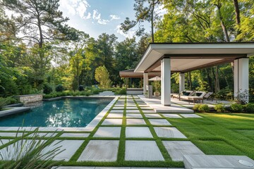 Elegant pool area with large concrete pavers bordered by grey stone, surrounded by lush grass and a white wooden pavilion with green plants. Tall trees and a lush landscape in the background.