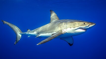 Fototapeta premium A majestic shark swimming gracefully through clear blue waters.