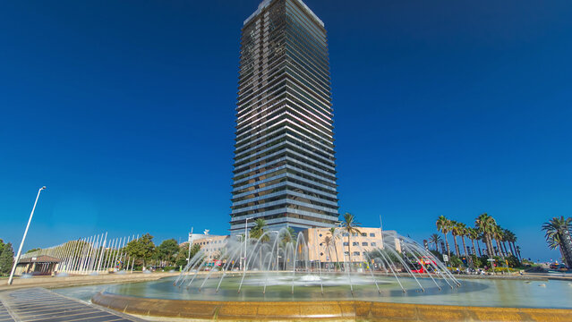 Skyscraper timelapse hyperlapse in the Olympic Port, the maritime neighborhood of the Old City of Barcelona in Barcelona, Spain.
