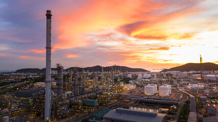 Oil Refinery plant at sunset. Gas Chemical Equipment Prodiction import export Concept, Crude Oil...