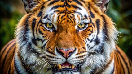 Obraz premium Majestic orange and black tiger's face with piercing eyes and whiskers, showcasing its powerful jaw and sharp teeth in a serene yet intimidating close-up portrait.