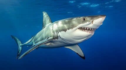 A majestic great white shark swimming gracefully in clear blue ocean waters.