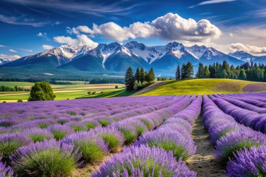 Majestic Olympic Mountains backdrop behind lush green fields of lavender in full bloom, under clear blue sky with puffy white clouds in Sequim, Washington.