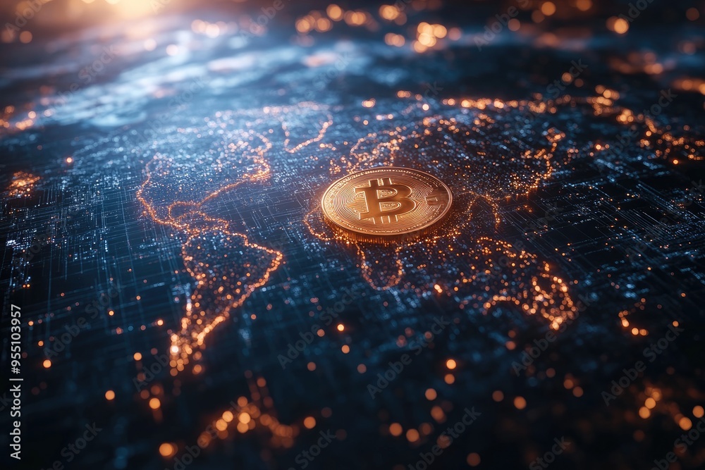 Poster bitcoin cryptocurrency coin lying on circuit board world map