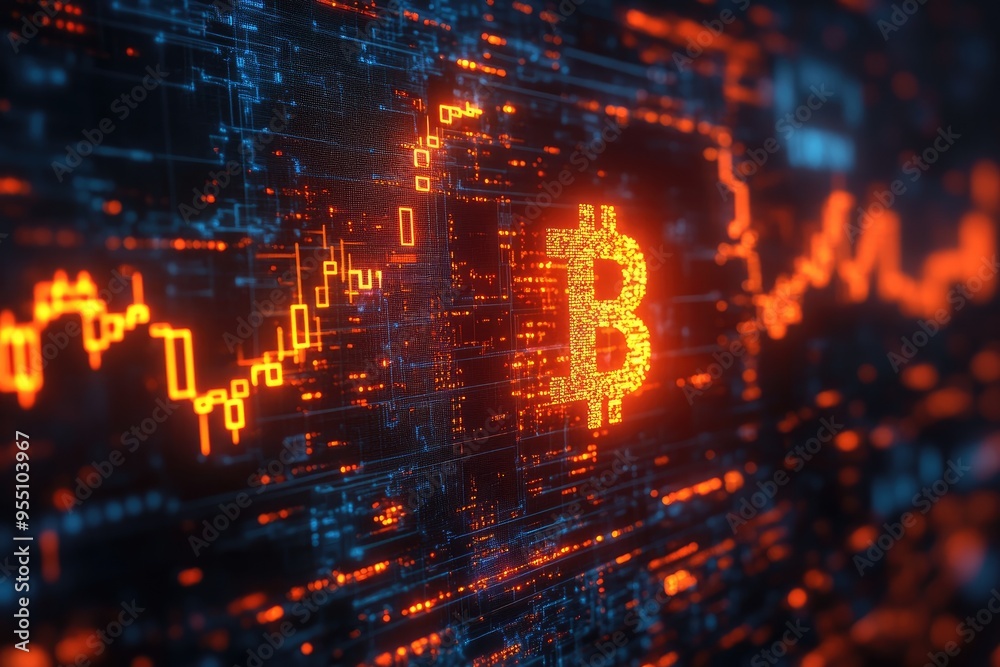 Poster bitcoin cryptocurrency symbol appearing on digital circuit board with charts