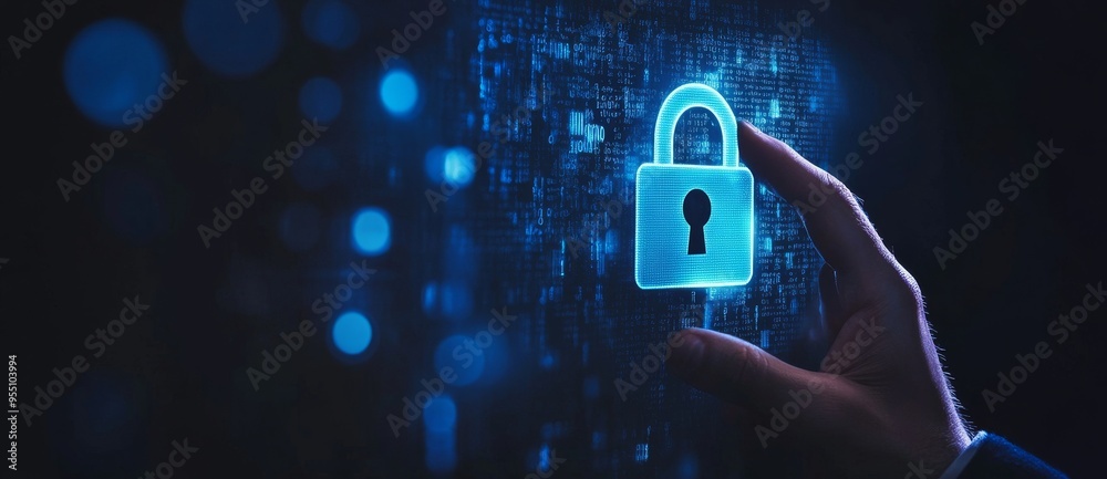 Poster using laptop computer with digital padlock and cyber security network, businessman encrypting data.