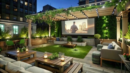 Fototapeta premium Outdoor Rooftop Cinema with Lush Greenery and Cozy Seating