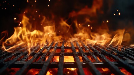 Blazing fire in barbecue. Empty grill grate in fire pit or hearth for cooking meat steak or chicken