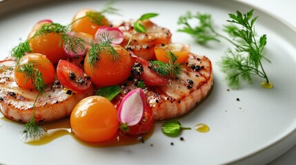 Delicious grilled scallops topped with vibrant cherry tomatoes and fresh herbs