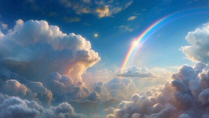 Rainbow emerging from cumulus clouds against a blue sky with sun rays