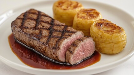 Grilled steak with roasted potatoes, beautifully arranged on a white plate