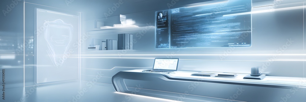 Wall mural 3d blueprint of a futuristic home office, featuring a sleek, ergonomic desk with integrated technolo