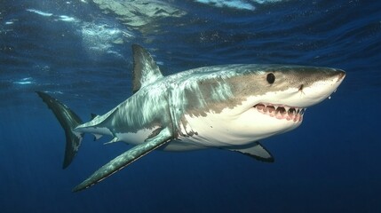 Fototapeta premium A close-up view of a great white shark swimming underwater.