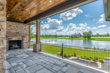 Fototapeta premium Cozy outdoor fireplace with stone walls and wood ceiling, overlooking a large lake and grassy field in a luxury community. Scenic patio view with distant house and white clouds.