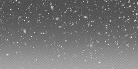 Abstract christmas winter background from snowflakes blown by the wind on a background. White dust light png. Heavy snowfall, snowflakes in different shapes and forms.