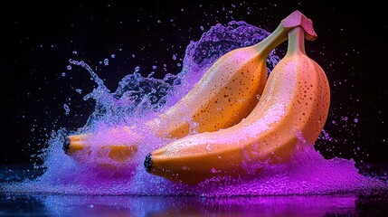 Fresh bananas burst through colorful water, creating an explosive and vibrant display