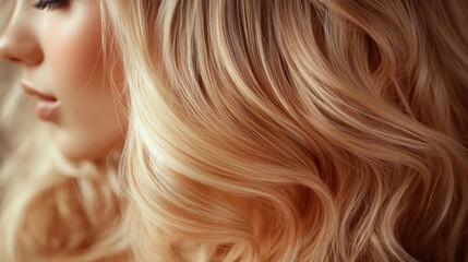 Blonde Hair,  Close-up of long, styled blonde hair featuring shiny, wavy curls, showcasing hair coloring and extension techniques