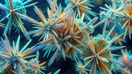 Microscopic illustration of uric acid crystals, a naturally occurring compound in the body, showing needle-like structures, often associated with gout, kidney stones, and joint inflammation.